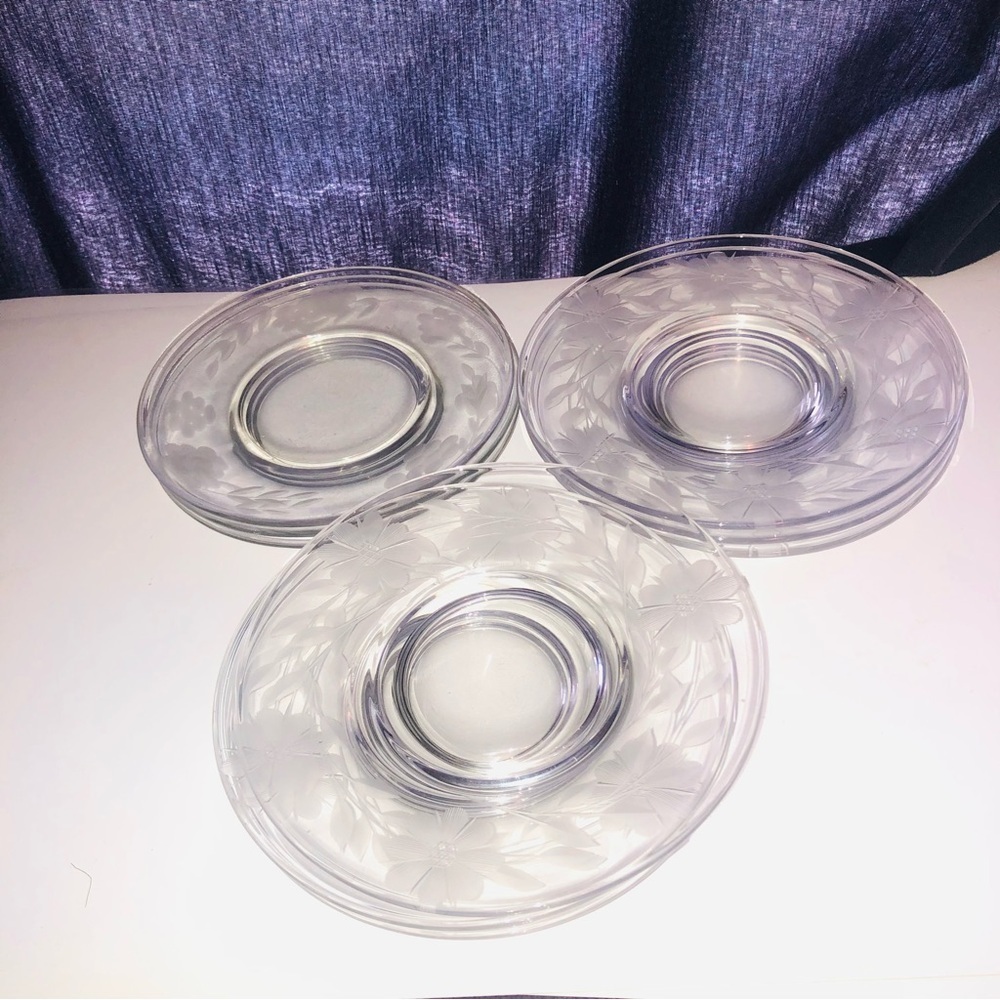 Elegant etched flowers on 6” mid century glass plates- used for desserts, salads